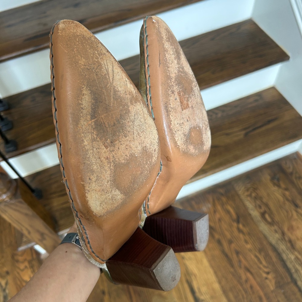 Frye Vintage Western Leather Mules Studded Pointed Toe Clogs Olive Tan 10M F403 - Picture 8 of 11